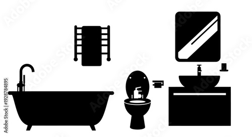 Modern Bathroom Fixtures Silhouette Set With Bathtub Toilet And Sink