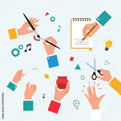 Illustration of hands with creative tools like a brush, pencil, scissors