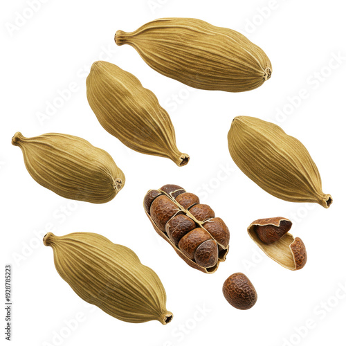 Aromatic cardamom pods whole split seed close up detail isolated on white background