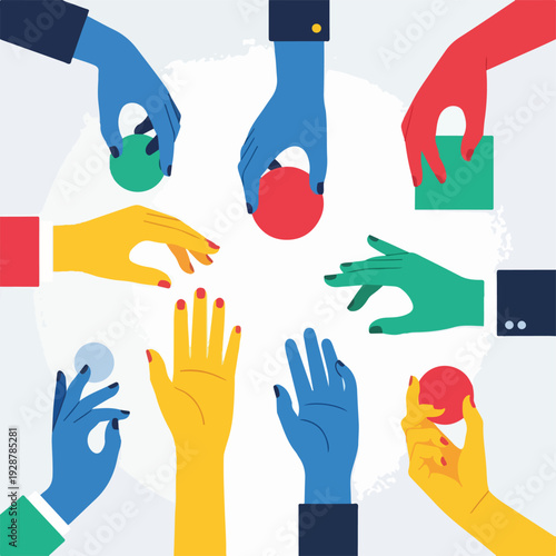 Illustration of multiple hands, different colors, reaching for objects