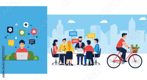 Illustration of people online, meeting, and cycling in city