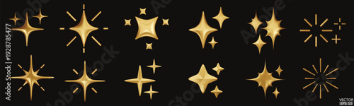 3d gold star sparkle isolated on black background. Golden sparkles emoji icon. 3D vector illustration.