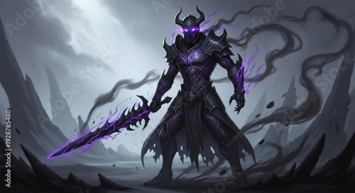 Dark fantasy warrior with purple sword and armor standing in ominous landscape with swirling smoke and lightning