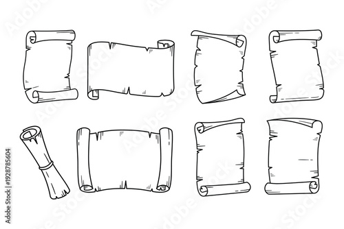 Parchment scrolls paper old outline doodle vector illustration