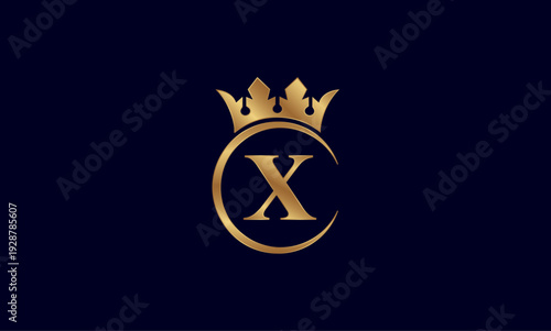 Luxury Golden Letter X Logo with Royal Crown and Circular Frame on Dark Background