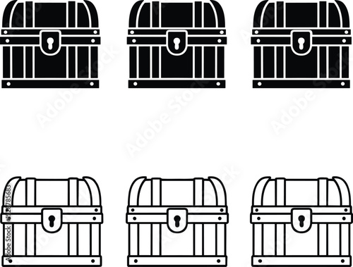 Set of vintage treasure chest icons including black silhouettes and minimalist line art versions, isolated wooden trunk symbols for pirate, gaming, and wealth designs.