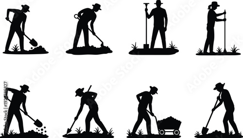 Gardening worker silhouettes, farming tasks, soil cultivation, shovel digging, hoe usage, rake standing, wheelbarrow pushing, plant care artwork design