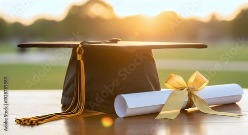 University Graduation Ceremony 2026: Celebrating success and opening up a new future with the image of graduation caps and diplomas tied with golden ribbons under a brilliant, sharp, and inspiring sun