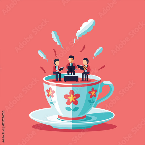 Illustration of a teacup with people, clouds, and a patterned design