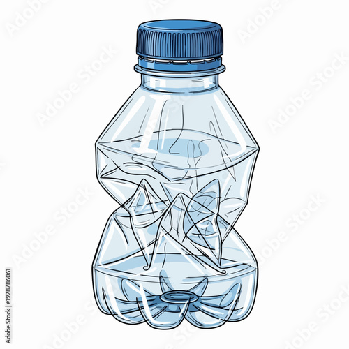 Crushed plastic water bottle with blue cap and ice.