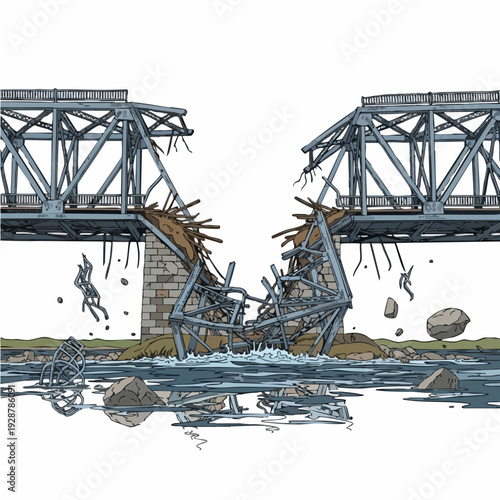 Damaged bridge collapse over river after incident.