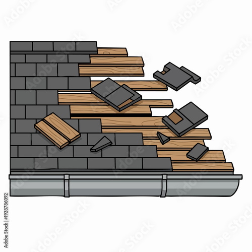 Damaged Roof Under Construction With Falling Shingles.