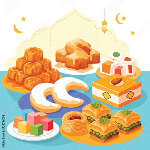 Illustration of various pastries and sweets arranged on plates with decorations