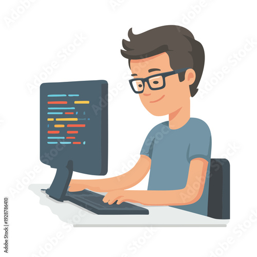 Young coder programming at desk with computer.