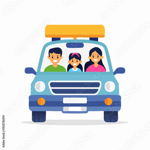 Family road trip adventure in a blue car, happy faces.