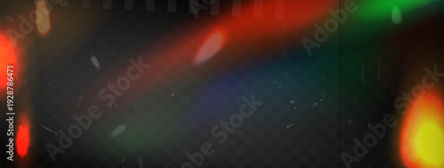 Camera film filter, leaks texture with scratches overlay. Noise photo effect, blurred rainbow iridescent gradient, retro movie with dust on dark background. Vector abstract illustration.