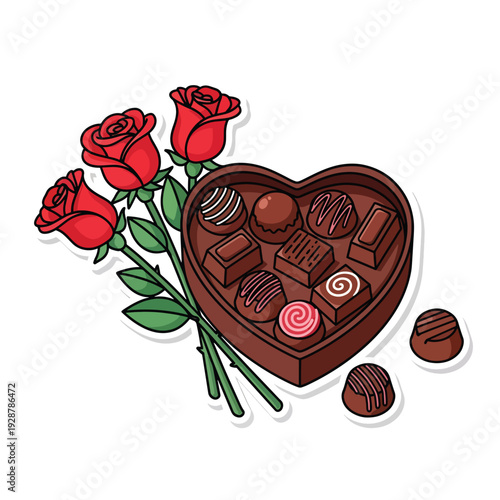 Heart-shaped box of chocolates and red roses on a white background, perfect for romantic occasions and gift-giving celebrations.