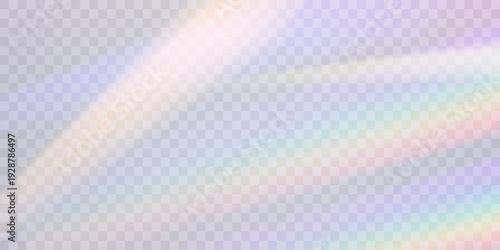 Rainbow refraction overlay effect, light lens prism on transparent background. Holographic reflection, iridescent crystal flare leak shadow overlay. Vector abstract illustration.