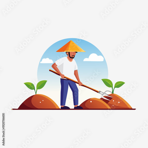 Farmer working in the field with plants and tools.