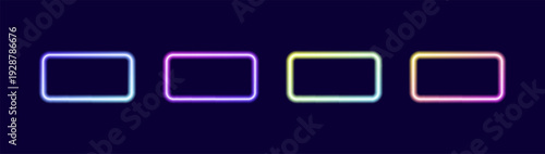 Glowing neon rectangle frames set with glowing blue, green, pink and purple light effects, futuristic portal gateway, vibrant illumination border, abstract vector frame.