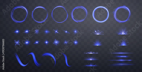 Blue lens flares, lines, flashes set. Spotlight with rays or and bokeh. Glow flare light effect. Vector illustration.