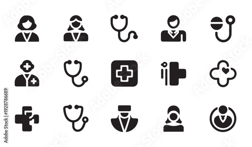 Medical staff and equipment silhouette vector icons. healthcare professionals and tools
