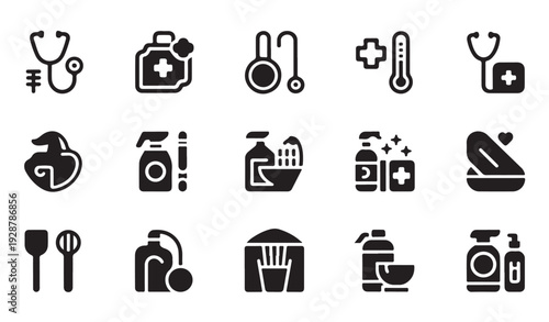 Collection of medical icons representing healthcare and wellness services and products