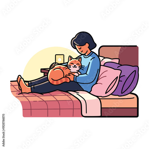 Woman relaxing on bed with cat, enjoying quiet moment, domestic scene, illustration, cozy atmosphere, relaxed viewpoint