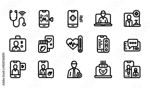 Digital healthcare icons for telemedicine and remote medical services