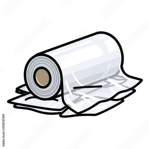 A cartoon-style illustration of a rolled-up blueprint or plan with a pencil on a flat surface viewed from the side