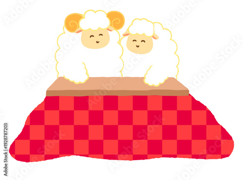 仲良く炬燵（こたつ）で寛ぐひつじのペアイラスト。冬の暖かい室内風景と干支の動物。ポップ・手書き風。