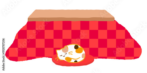 こたつで丸くなって眠る可愛い三毛猫のイラスト。冬の団らんと癒やしの動物素材。手書き風・ポップ。