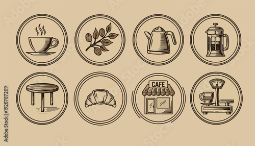A set of eight brown icons depicting coffee shop items on a beige background with a minimalist design