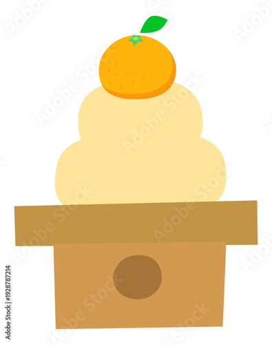 鏡餅の可愛いイラスト。葉っぱ付きみかんが乗ったお正月飾り。主線なし・シンプル・ベクター素材。