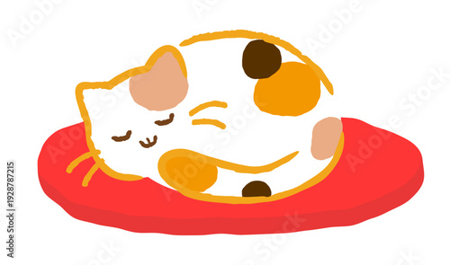 座布団の上で丸くなって眠る可愛い三毛猫。癒やしの猫キャラクターと赤いクッション。ベクター素材。