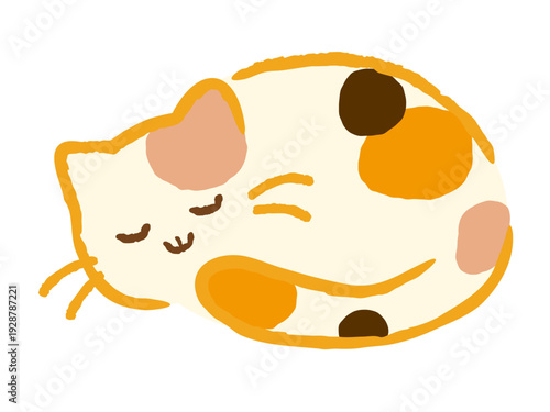 幸せそうに寝ている三毛猫のイラスト。お昼寝中のねこ。シンプルでポップな動物アイコン・白背景。