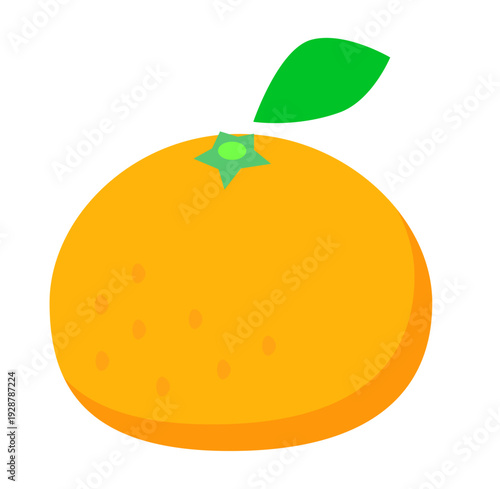 可愛い葉っぱ付きみかんのイラスト。ポップでシンプルな冬の果物・フルーツ素材。ベクター・白背景。