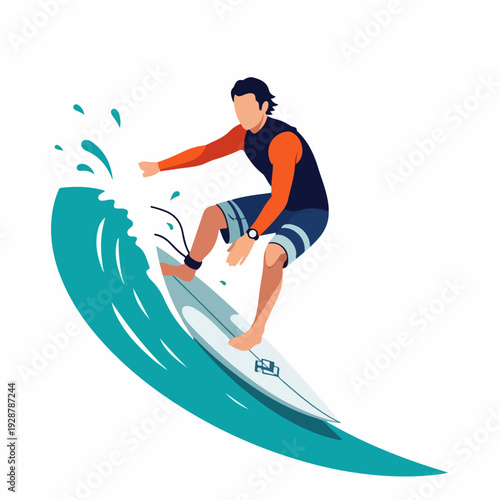 Dynamic vector illustration of a man surfing a vibrant blue wave, capturing the thrill of water sports and summer activities with a modern flat design.