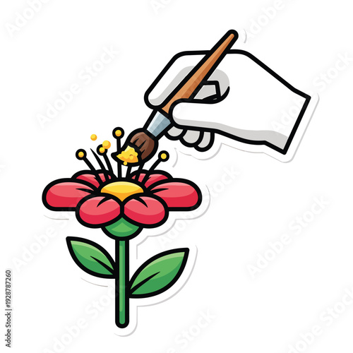 Hand painting a vibrant flower with a brush, showcasing creativity and artistry in a simple illustration