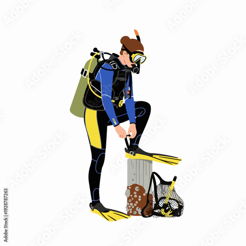 Scuba Diver Preparing for Underwater Exploration: Person in Wetsuit and Gear Adjusting Fins Before a Dive Adventure