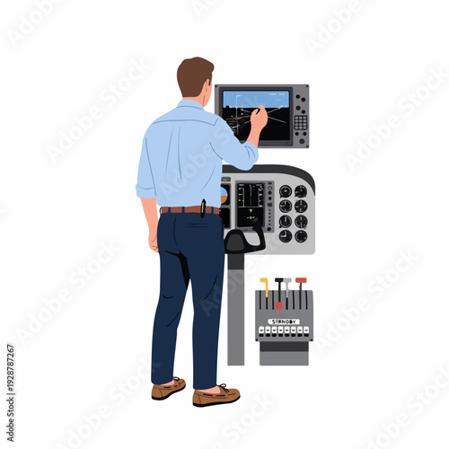 Man in a light blue shirt and dark trousers operating an aircraft's flight control panel and throttle quadrant, showcasing aviation technology and pilot skills.