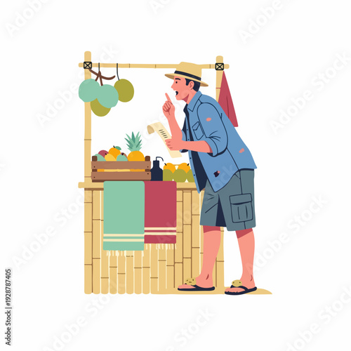 Tropical Fruit Vendor Engages Customers at a Vibrant Bamboo Market Stall, Offering Fresh Produce and Local Goods.