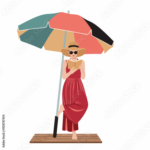 Woman enjoying summer leisure, reading a book under a colorful beach umbrella, evoking a relaxing vacation day.