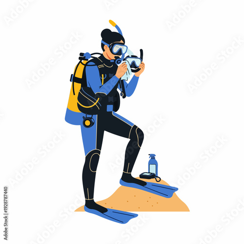 Scuba diver preparing equipment, cleaning dive mask on a sandy surface. Essential pre-dive routine, focusing on gear maintenance for underwater exploration and adventure.