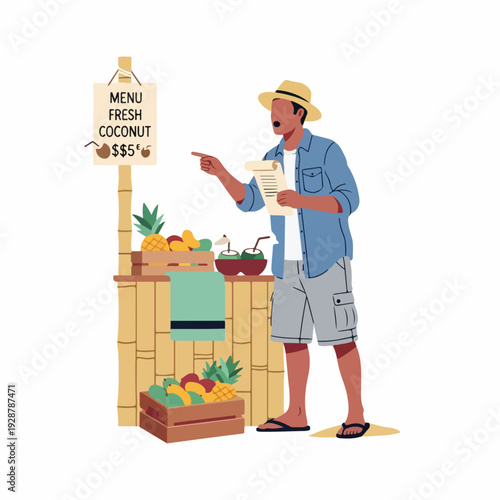 Tropical Fruit and Coconut Vendor Selling Fresh Drinks at a Beachside Market Stall