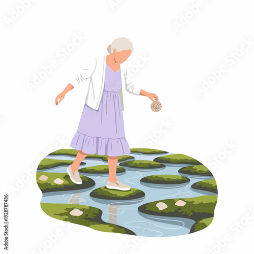 Elderly woman carefully stepping across lily pads in a serene pond, holding a small snail shell, enjoying nature's tranquility.