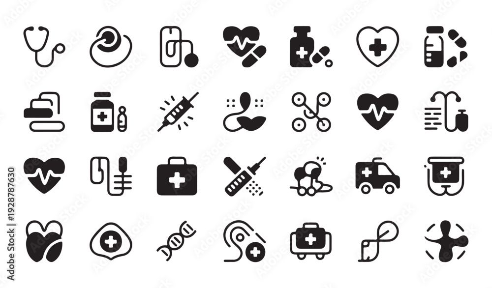 Fototapeta premium Diverse medical and healthcare icons in silhouette, medical technology and science themes
