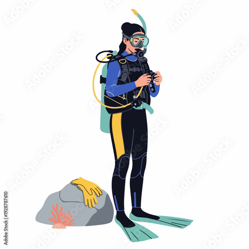 Female scuba diver with underwater camera, ready for ocean exploration, standing by a rock with coral and gloves, prepared for marine adventure.