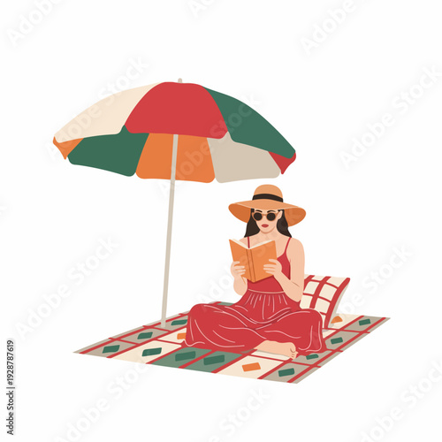 Woman Relaxing and Reading Under a Beach Umbrella on a Summer Day Illustration