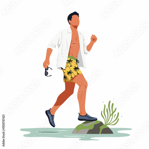 Stylish man in swim shorts and unbuttoned shirt walking by water, ready for summer vacation and leisure activities, holding sunglasses, enjoying the outdoors.